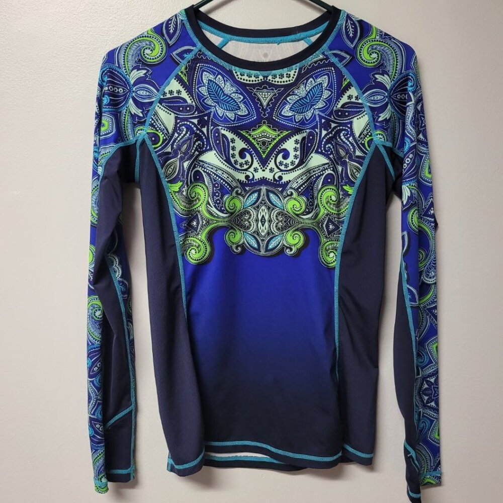 Athleta Athletic Top Shirt Womens XS Long Sleeve‎ Workout Gym Blue Green Thumb